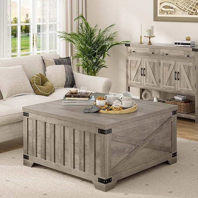 35.4" Square Coffee Table with Storage, Farmhouse Center Table with Hinged Lift Top