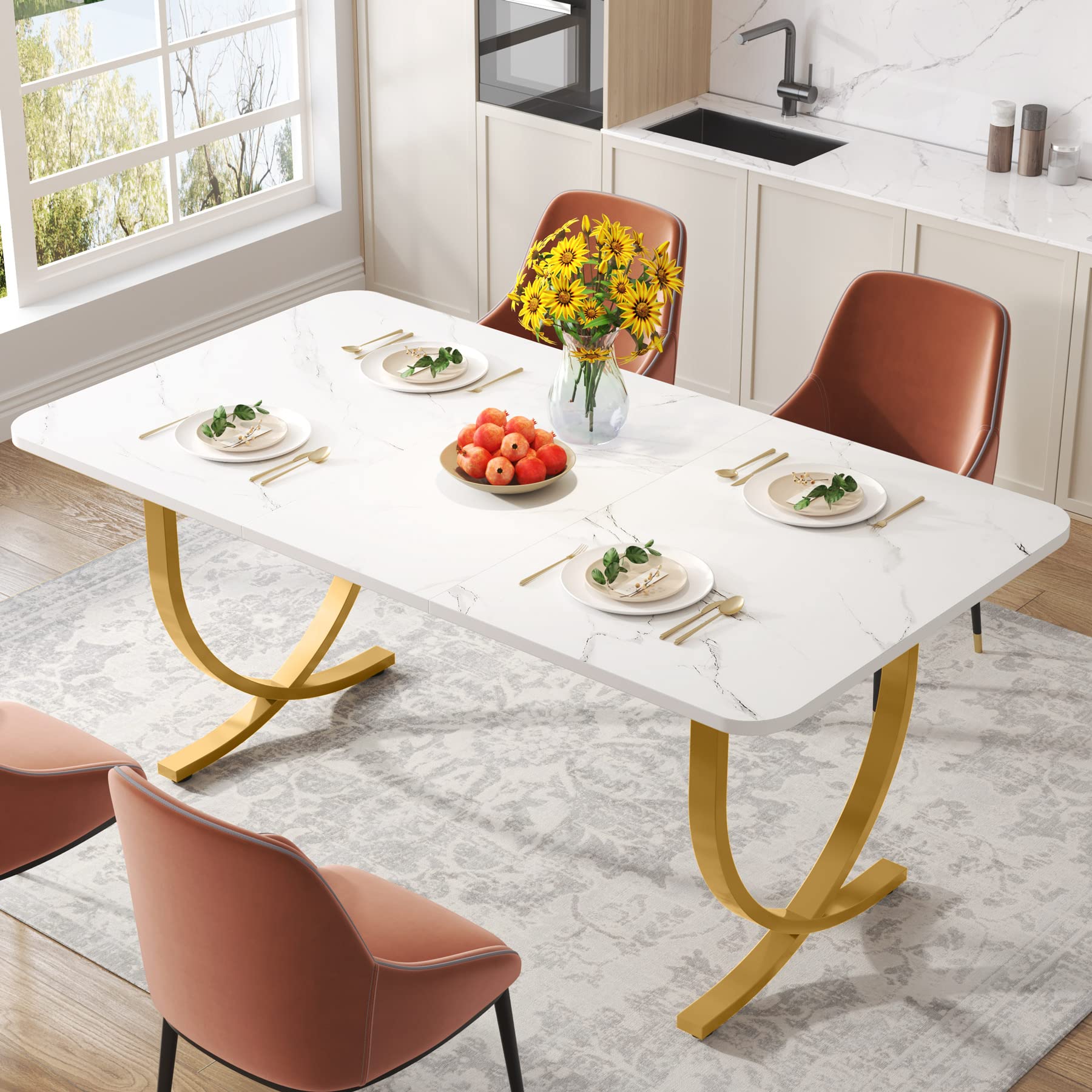 Dining Room Table, Kitchen Table with Faux Marble Table Top and Gold Metal Legs