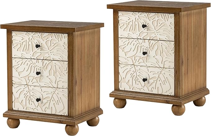 Rustic Farmhouse 3-Drawer Nightstand with Leaves Pattern Carved, Vintage French Country End Table