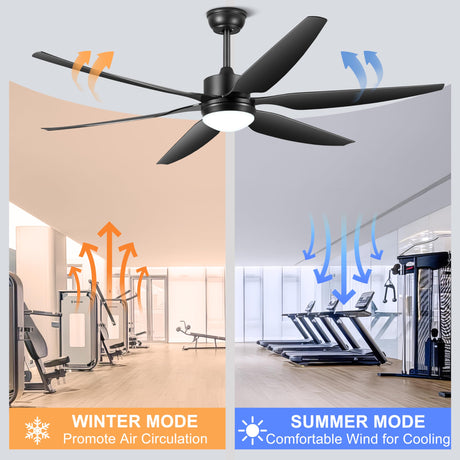 66'' Ceiling Fan with Lights Remote Control, Large Ceiling Fan Black, 6 Blades 6 Speeds