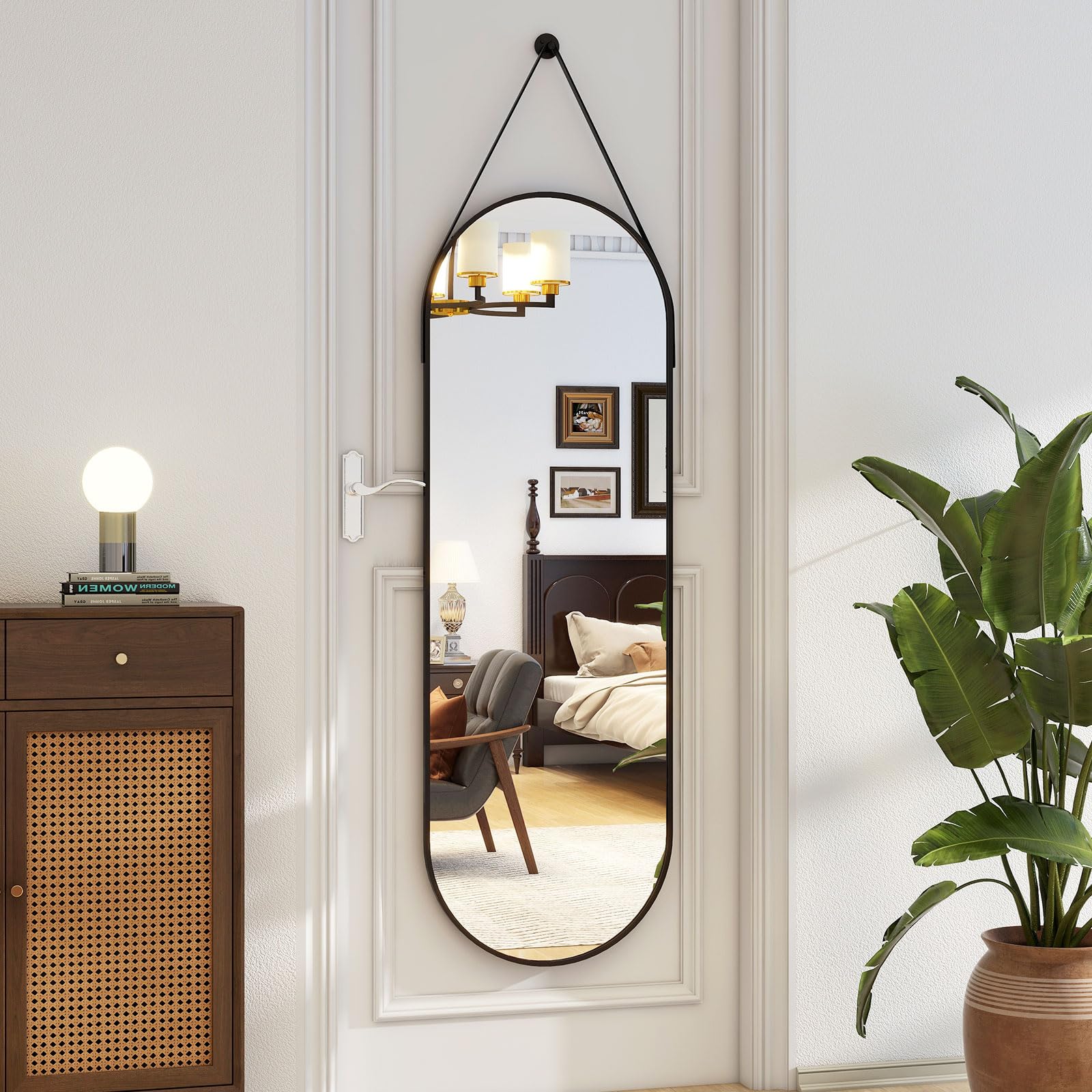 Full Length Oval Mirror 16x48 - Wall Mounted with Leather Hanging Strap