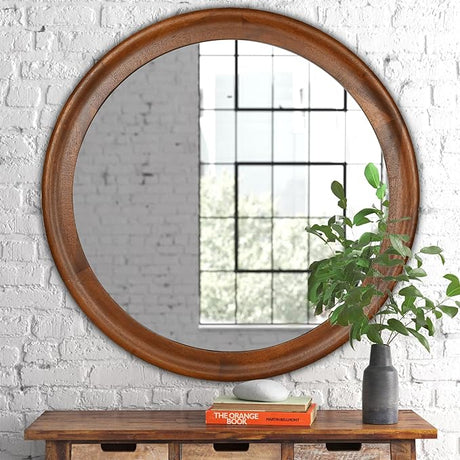 Round Wood Mirror for Wall,36 Inch Circle Decorative Mirror with Walnut Frame,Rustic