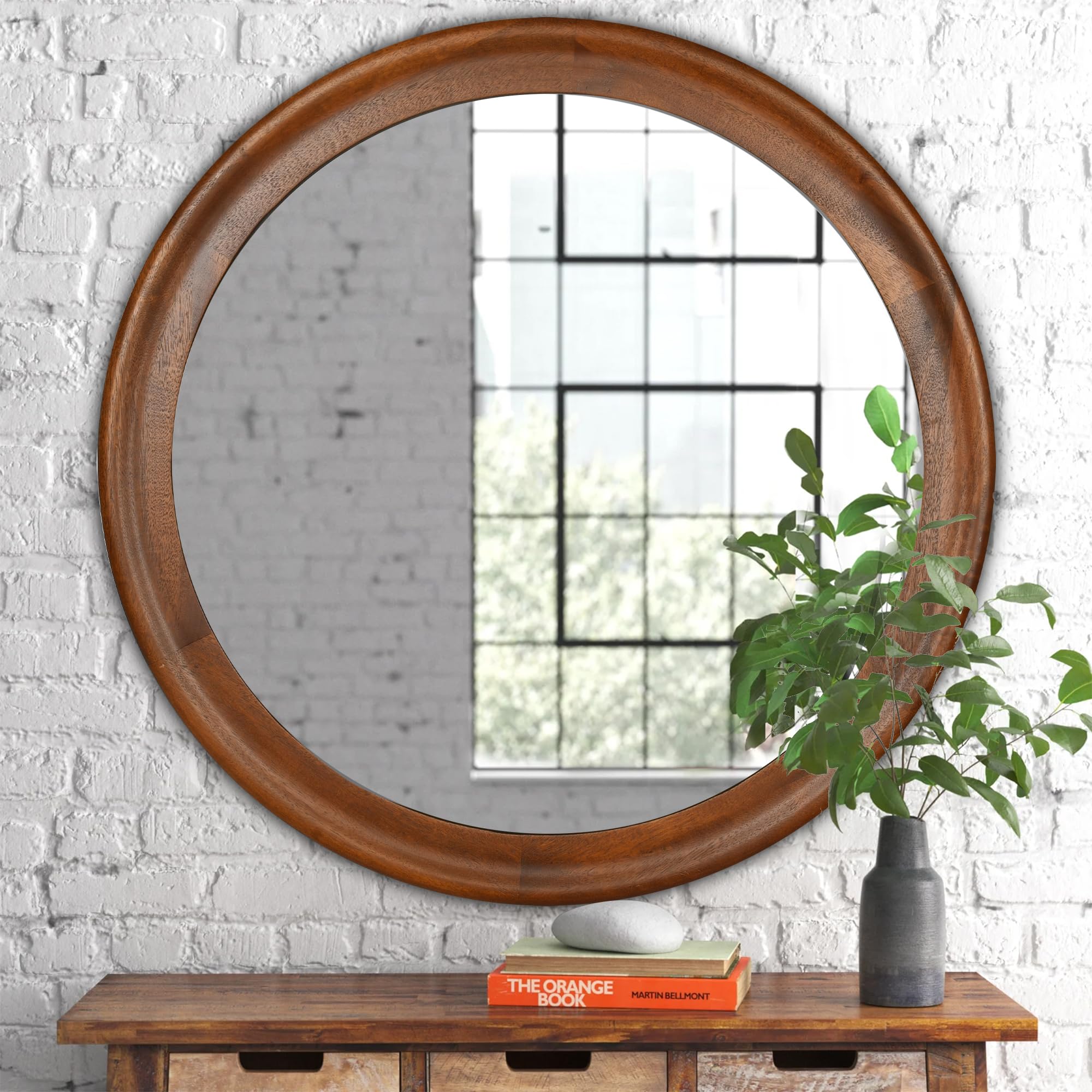 Round Wood Mirror for Wall, Circle Decorative Mirror