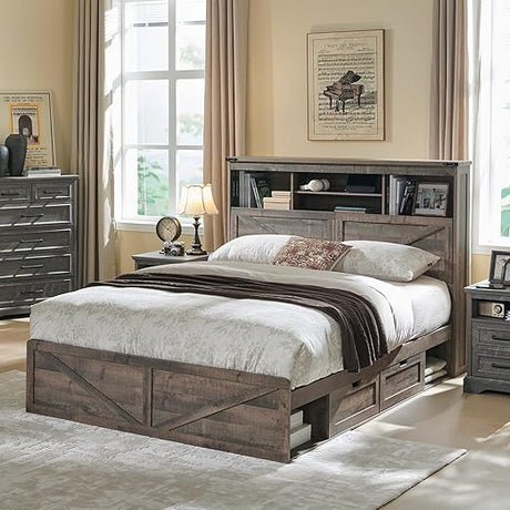 Farmhouse Full Size Wood Bed Frame with 52" Tall Storage Headboard