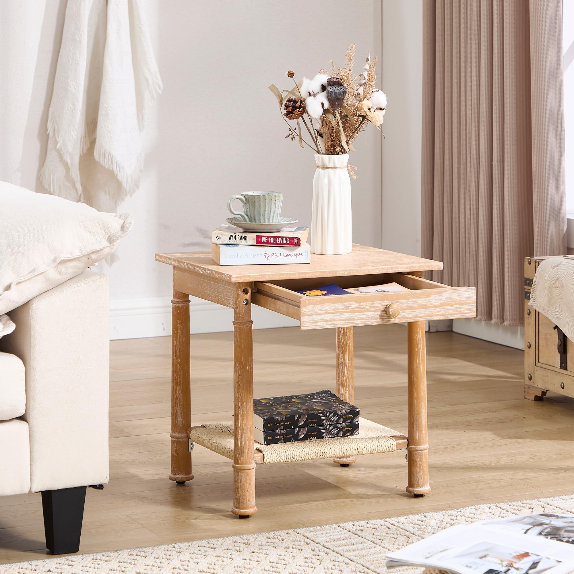 Table with Drawer for Living Room Couch Farmhouse End Table with Woven Rope Shelf