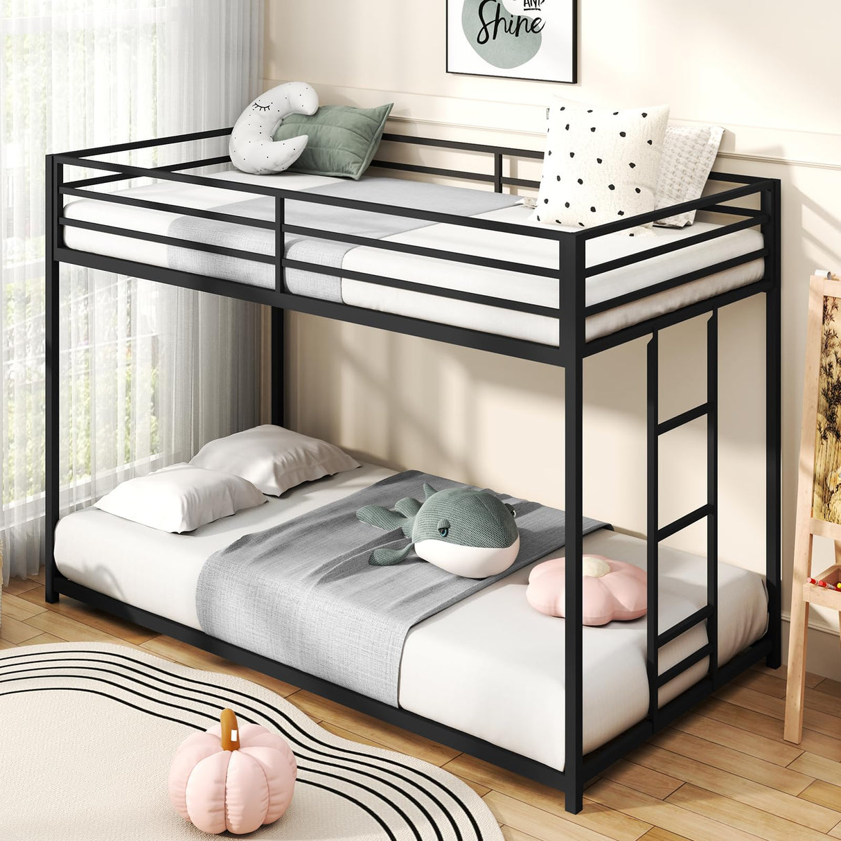 Twin Over Twin Bunk Bed, Metal Low Profile Bunkbeds with Full-Length Guardrail and Ladder