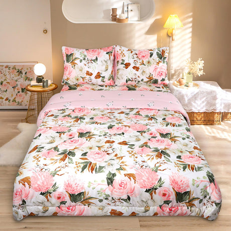 Queen Comforter Set, 3 Pieces Queen Size Comforter Sets, Reversible Pink