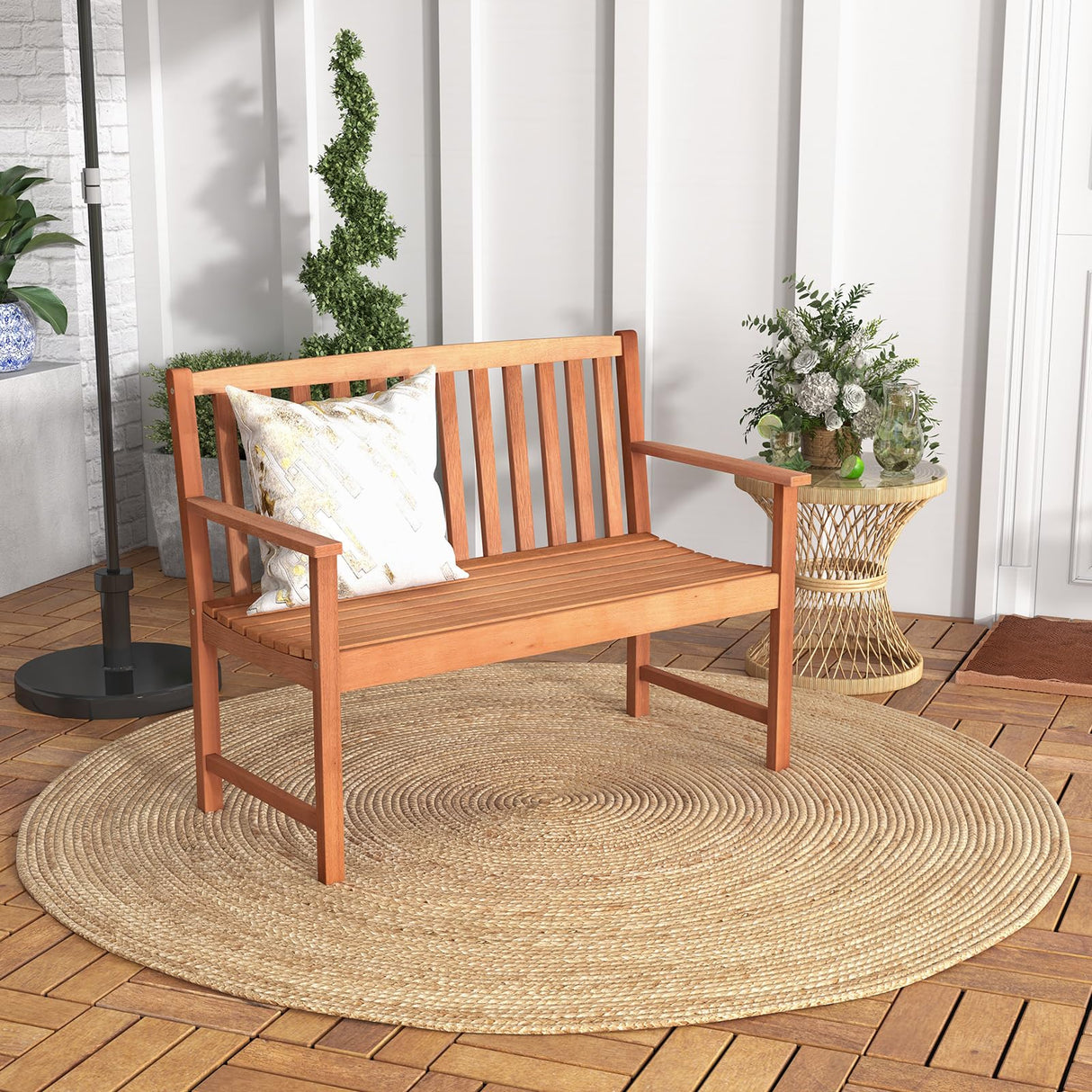 Outdoor Bench, Wood Patio Bench with Cozy Armrests & Backrest, Slatted Sitting Area