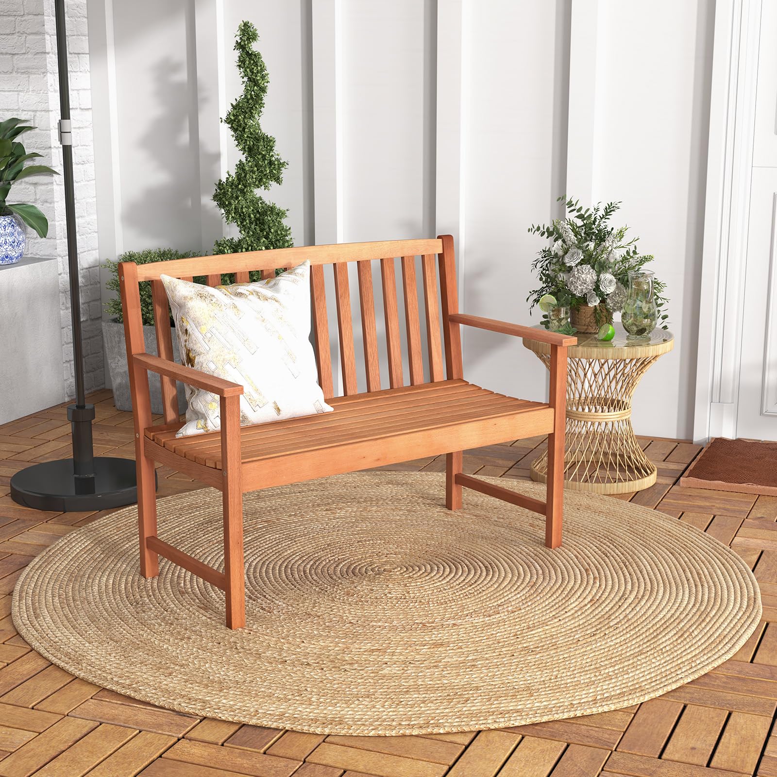 Outdoor Bench, Wood Patio Bench with Cozy Armrests & Backrest, Slatted Sitting Area