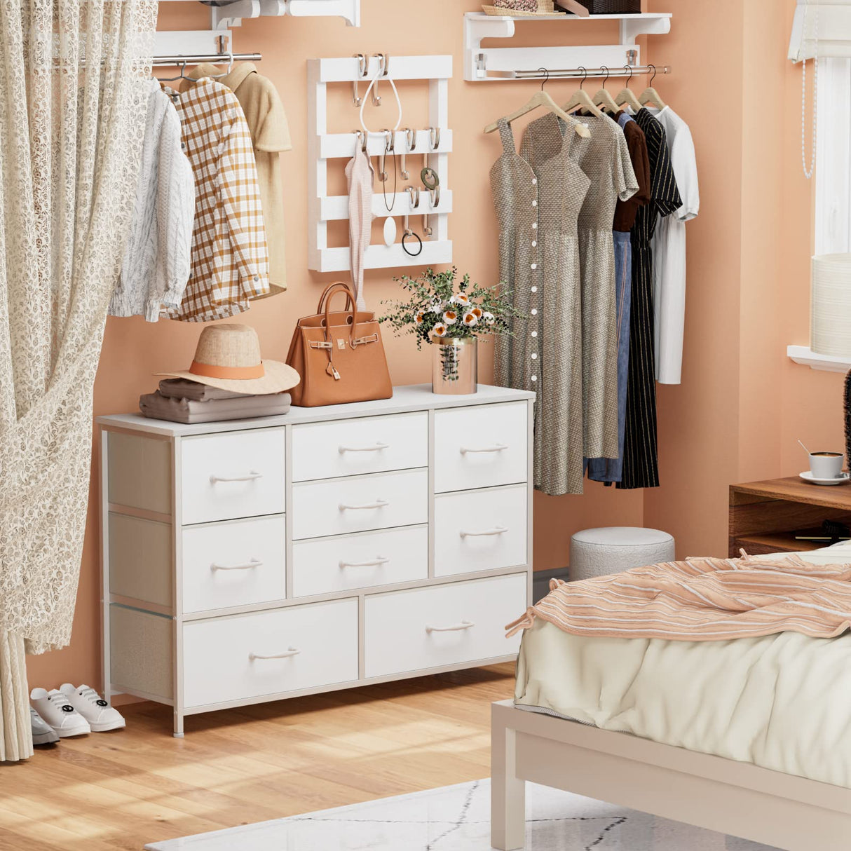 White Dresser with 9 Large Drawers for 55'' Long TV Stand Entertainment Center