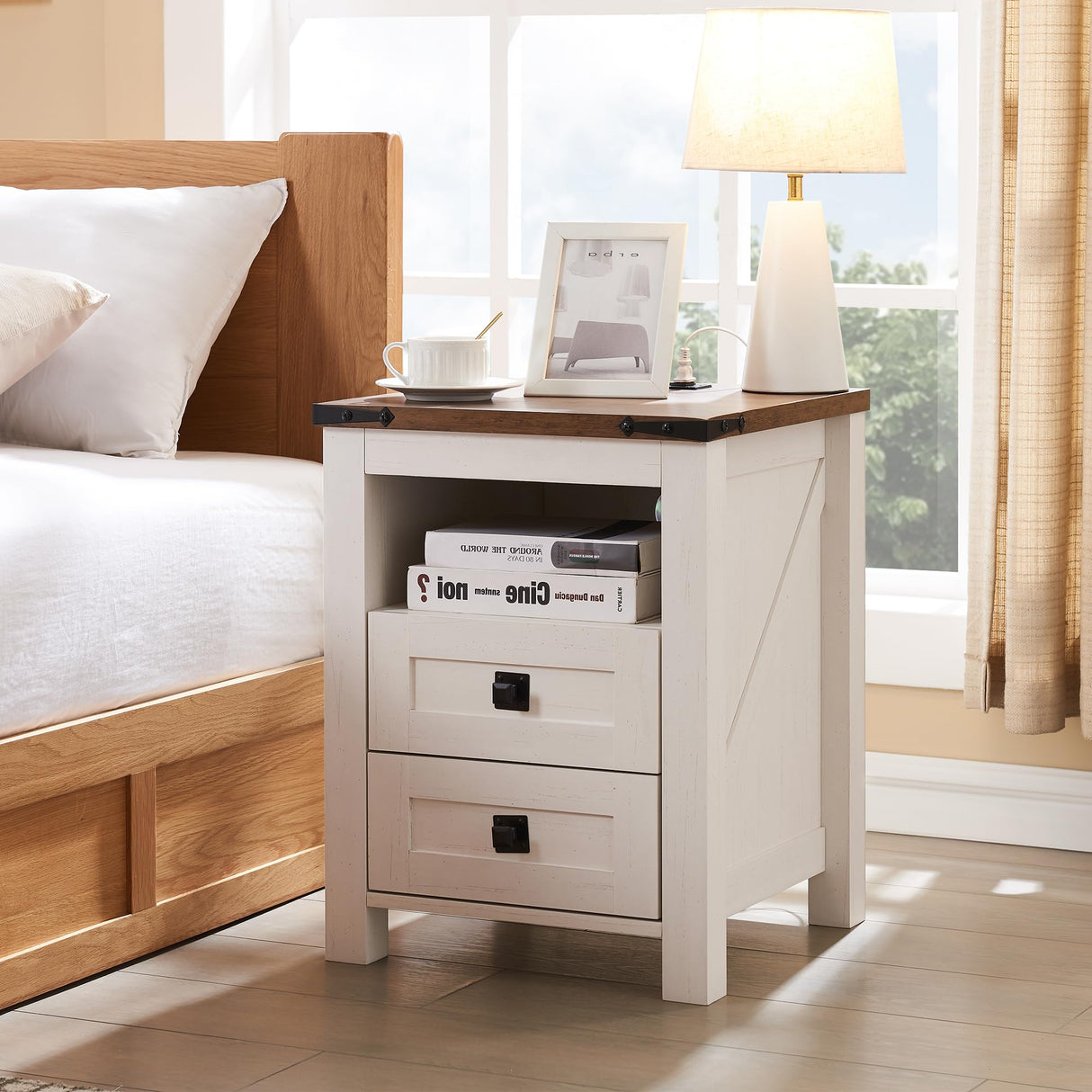 Farmhouse Nightstand with Charging Station, Rustic 18 Inch End Table with 2 Storage