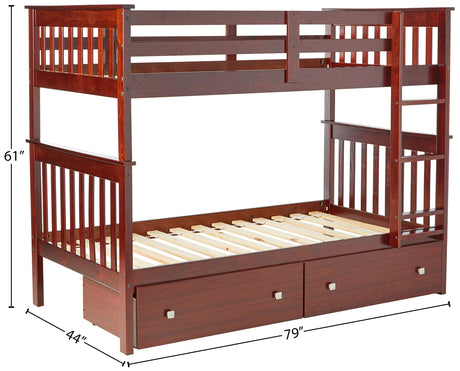 Twin/Twin Dark Cappuccino Mission Bunk Bed with Under Bed Drawers