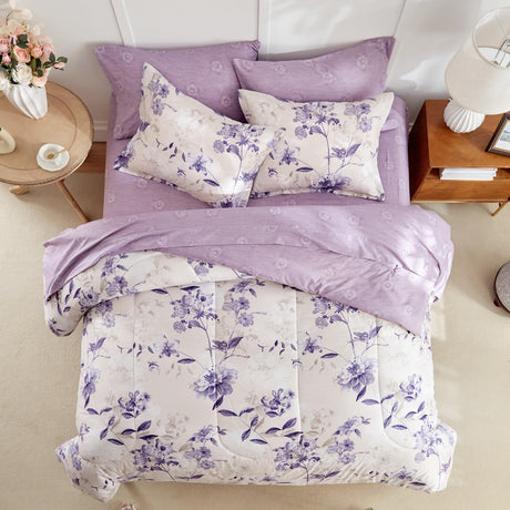 7-Piece Queen Size Bed in a Bag Comforter Set - Lilac Purple Floral Ensemble