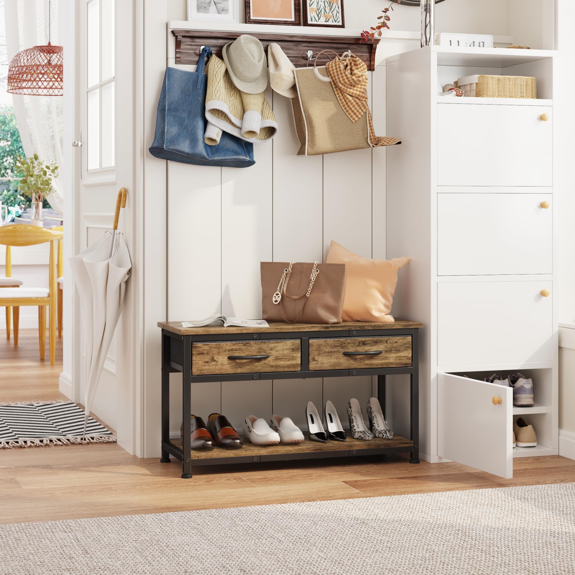 Shoe Rack Bench with 2 Fabric Drawer, 2-Tier Entryway Bench