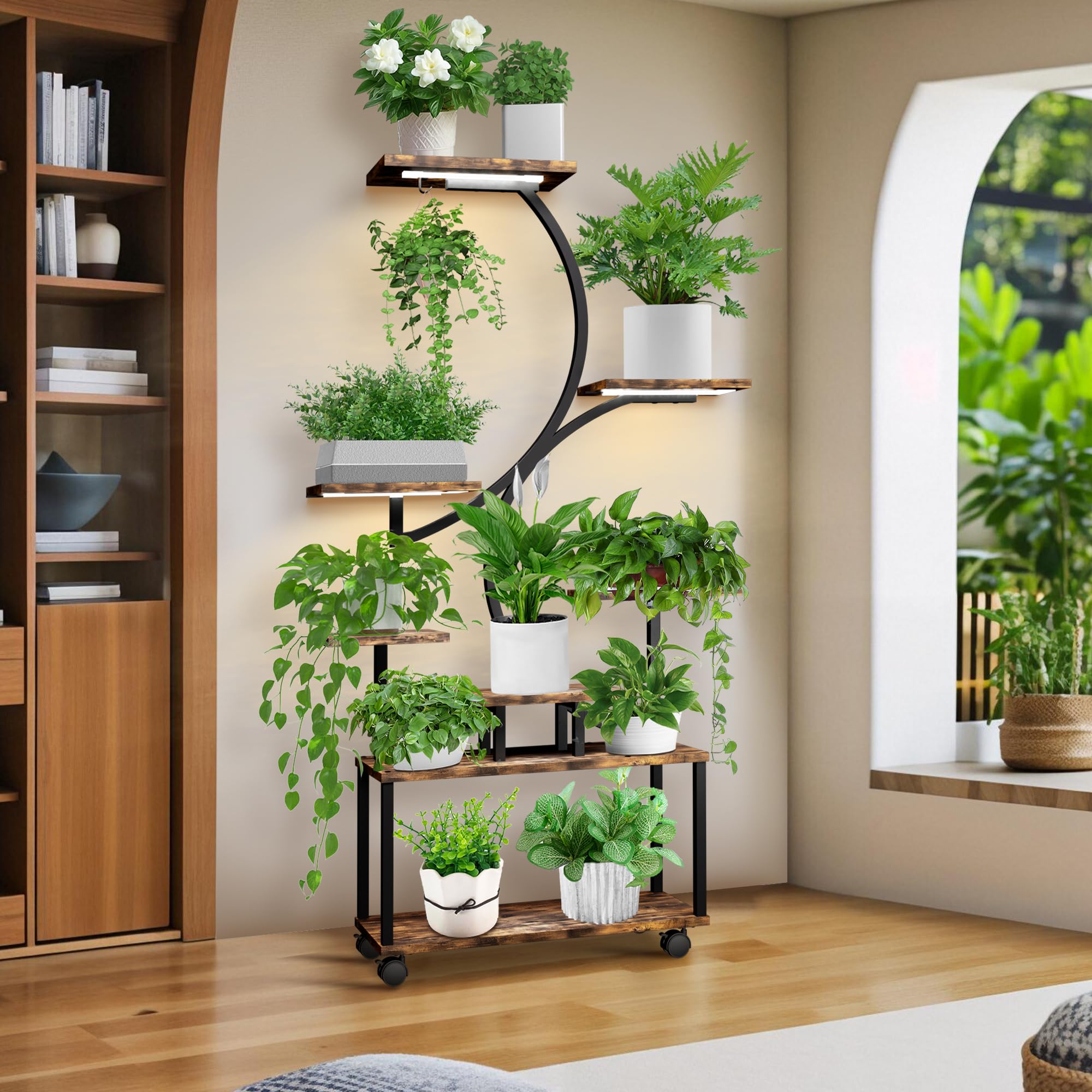 VerdantGlow 8-Tier Indoor Plant Stand with LED Grow Lights & Wheels