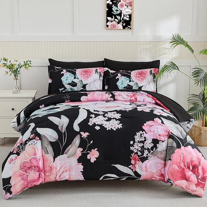 5 Piece Bed in a Bag Twin Size Comforter Set Botanical Floral Bedding Set,White Flower