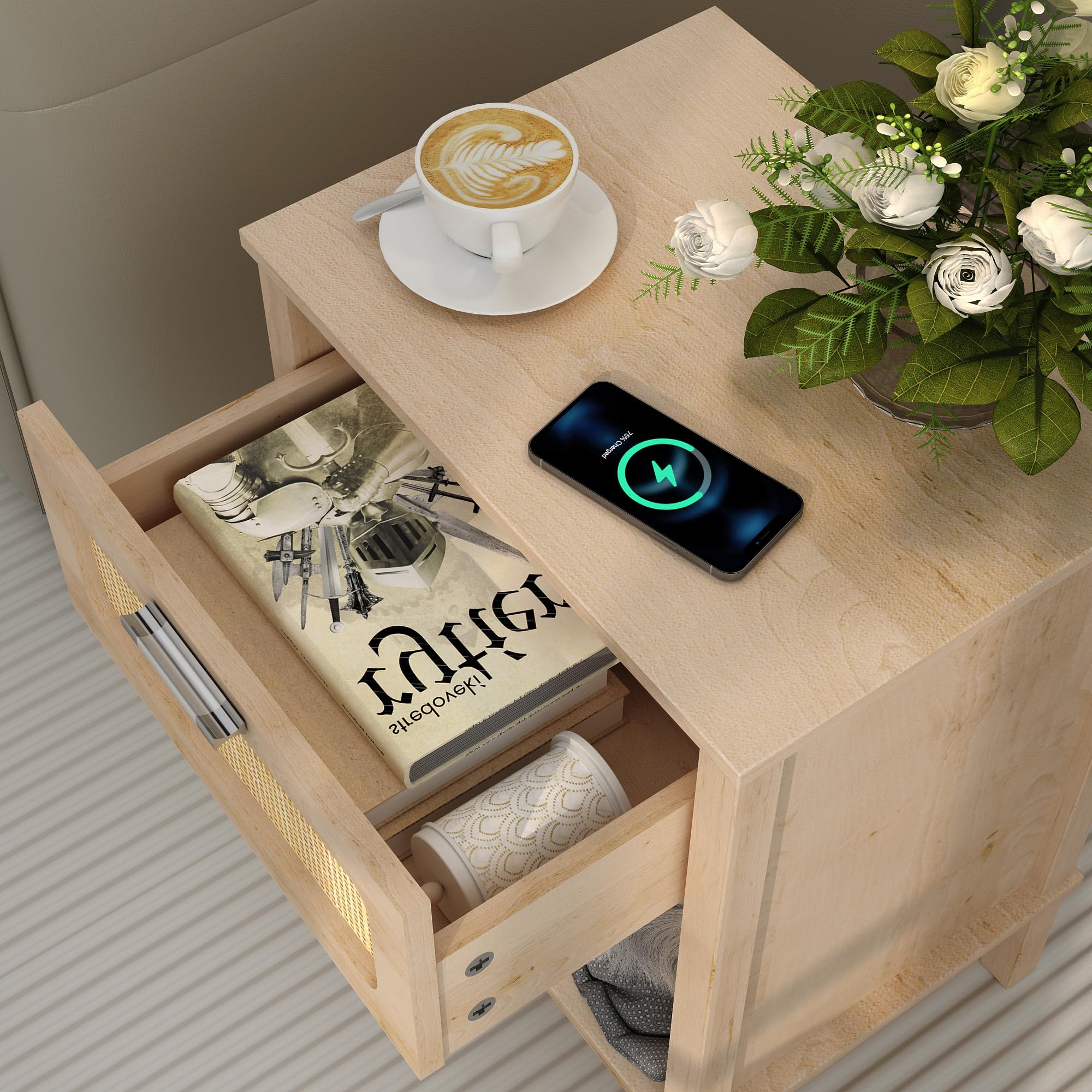 Small Rattan Nightstand, Boho Bedside Table,End Table with Drawer, Rattan Furniture