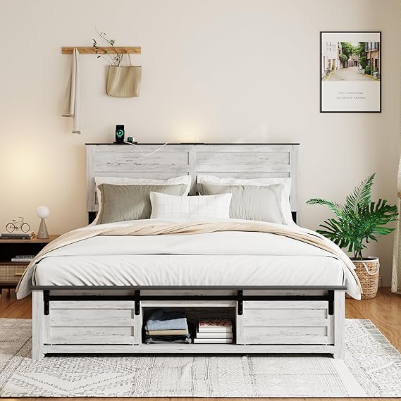 Full Size Wooden Bed Frame with Headboard and Storage