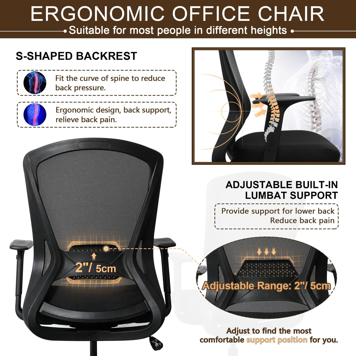 Ergonomic Swivel Computer Office Desk Chair with Adjustable Height Lumbar Support for Home Study