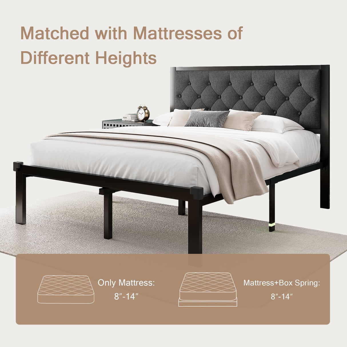 Queen Bed Frame, Metal Platform Bed Frame with Button Tufted Linen Upholstered Headboard,