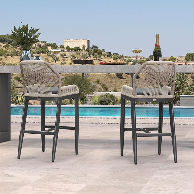 Patio Bar Stool Bar Height Set of 2 Outdoor Rattan Chairs with Back Modern Aluminum Woven Barstools