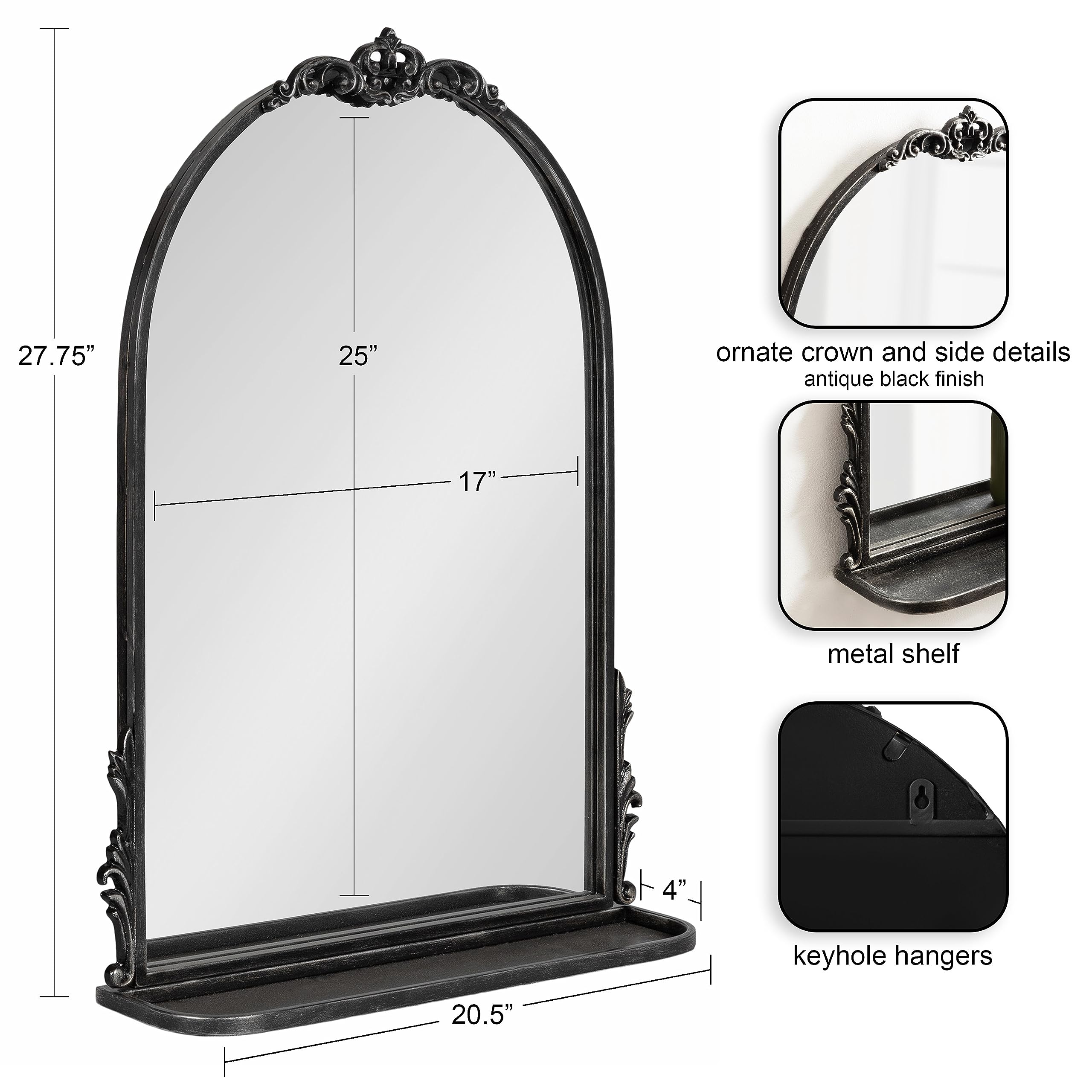 Arched Mirror with Shelf - 21x28 Antique Black