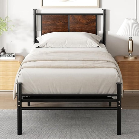 King Size Bed Frame with Rustic Wood Headboard, Metal Heavy Duty Platform Frame,