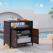 Wicker Outdoor Storage Cabinet, Rattan Outdoor Bar Table with Acacia Wood Countertop