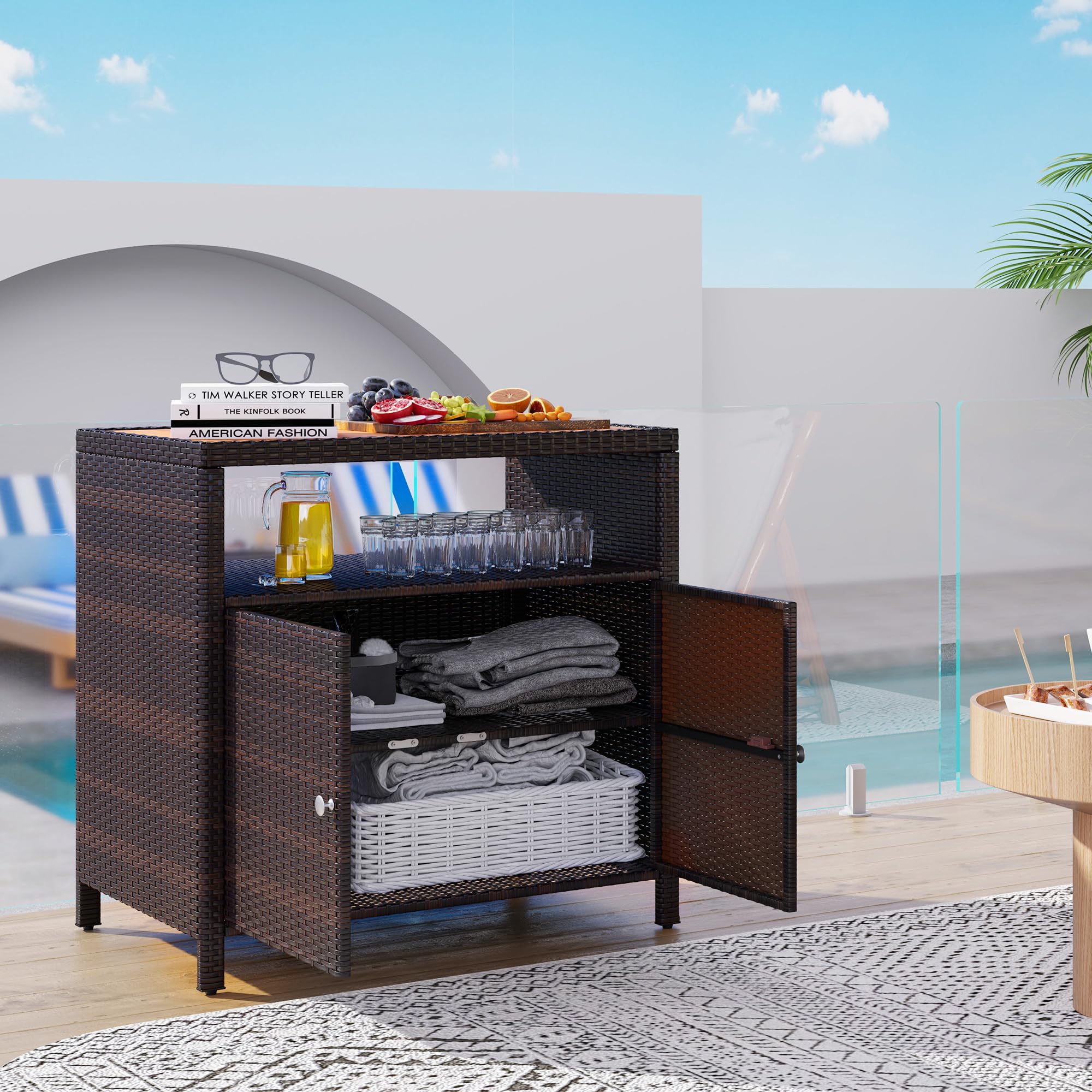Wicker Outdoor Storage Cabinet, Rattan Outdoor Bar Table with Acacia Wood Countertop