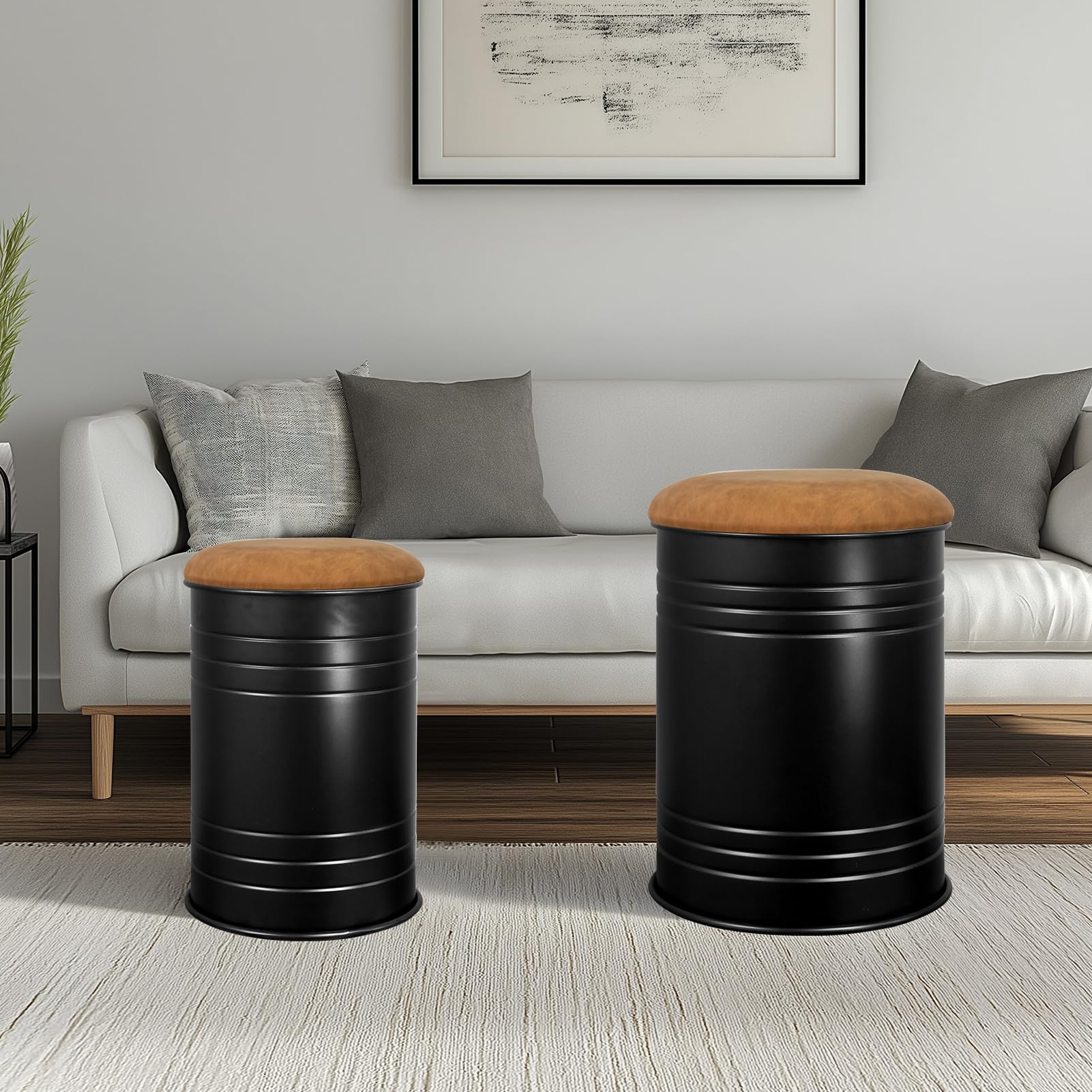 Metal Barrel Ottoman Storage Stool Set of 2, Rustic Accent Side Table