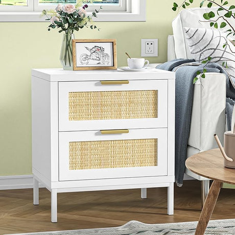 White nightstands with 2 Drawers, Natural Rattan Night Stand, White End Table with Metal Legs, Bedside Table for Bedroom