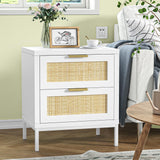 White nightstands with 2 Drawers, Natural Rattan Night Stand, White End Table with Metal Legs, Bedside Table for Bedroom