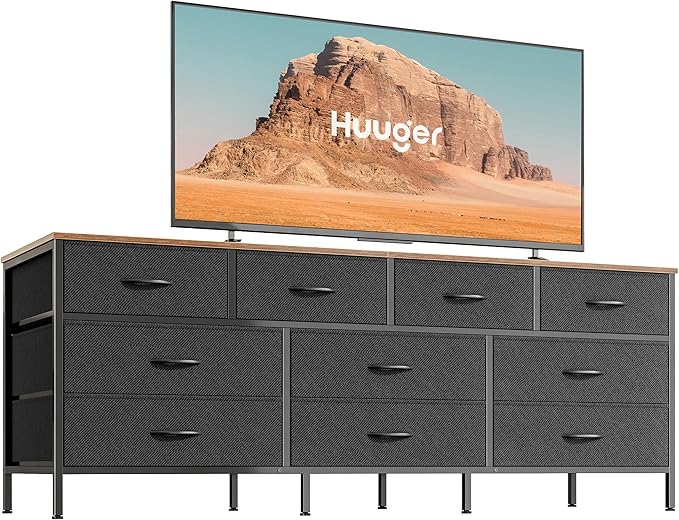 63 Inch TV Stand Dresser for Bedroom, Long Dresser with 10 Fabric Drawers, TV Stand