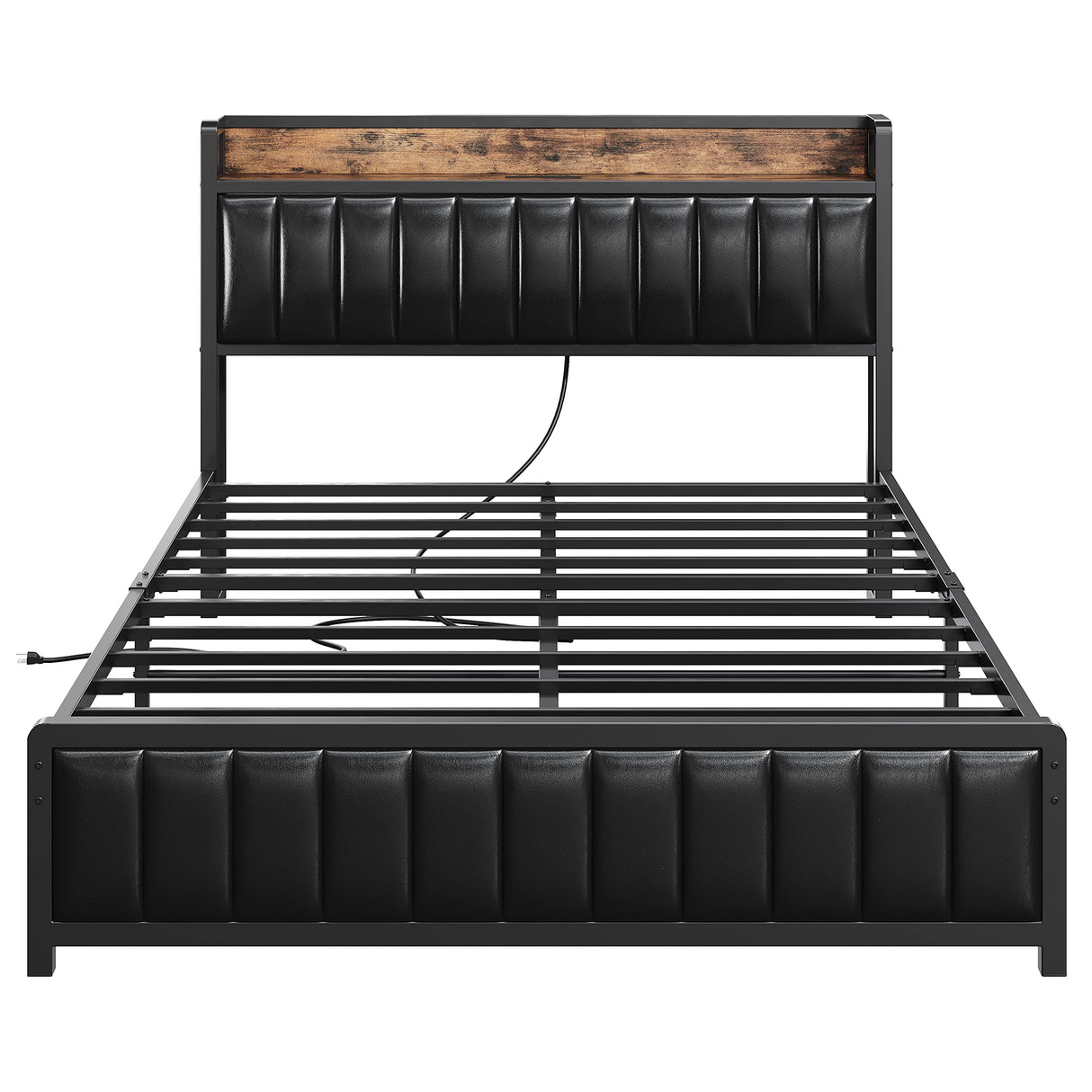 Full Bed Frame with Storage Headboard & Footboard, Upholstered Platform Bed with USB