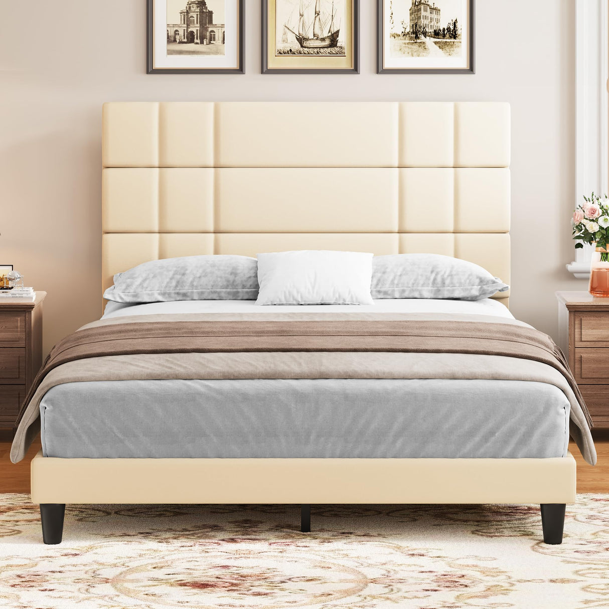 Queen Size Bed Frame Linen Fabric Upholstered Platform with Headboard and Strong