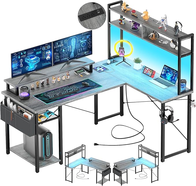 Small L Shaped Gaming Desk with LED Lights & Power Outlets, Reversible L-Shaped Computer Desk with Monitor Stand & Storage Shelf, Corner Desks Home Office Desk with Storage Bag, Rustic Brown