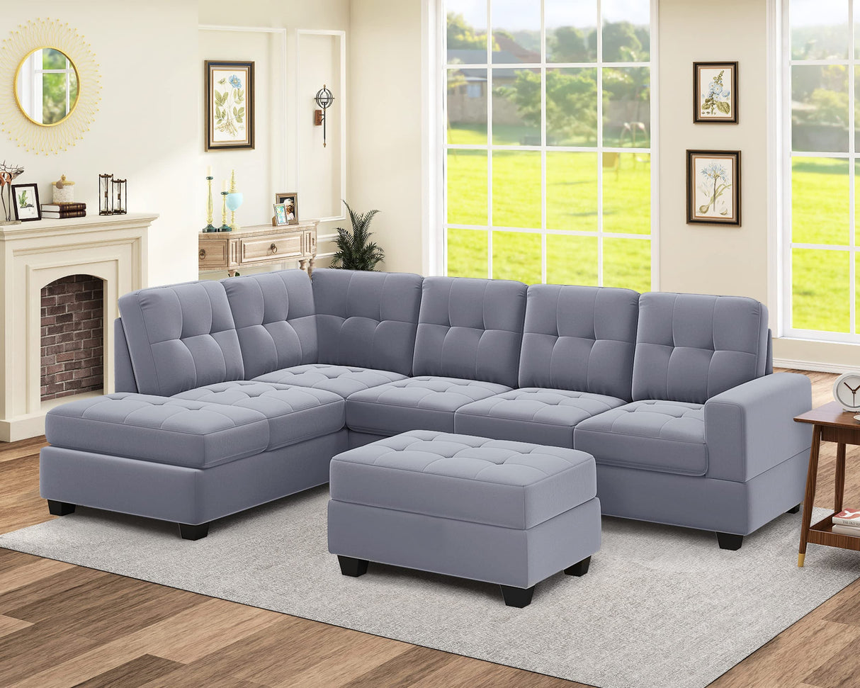 Sofa with Reversible Chaise, L Shaped Couch Set with Storage Ottoman