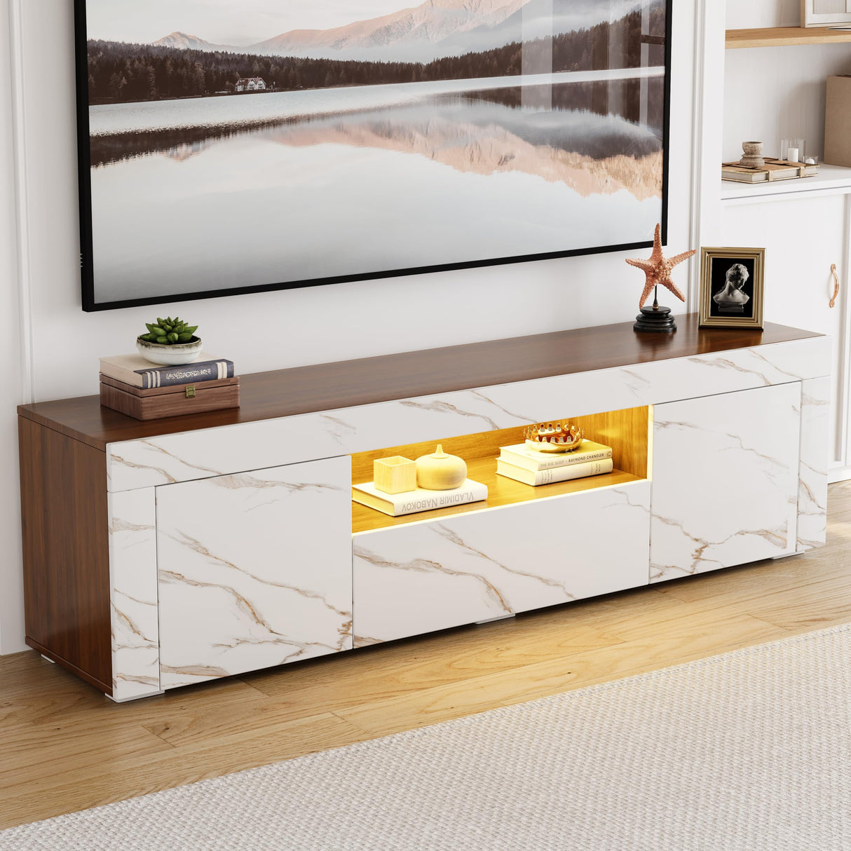 65 Inch Tv Stand, Modern High Glossy Entertainment Center with Storage and Drawers,