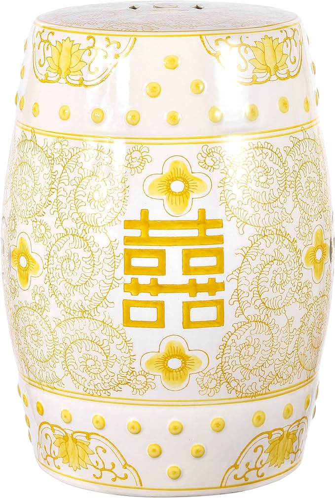 TBL1013B Double Happiness 18" Chinoiserie Ceramic Drum Garden Stool Bohemian, Coastal, Classic, Cottage,