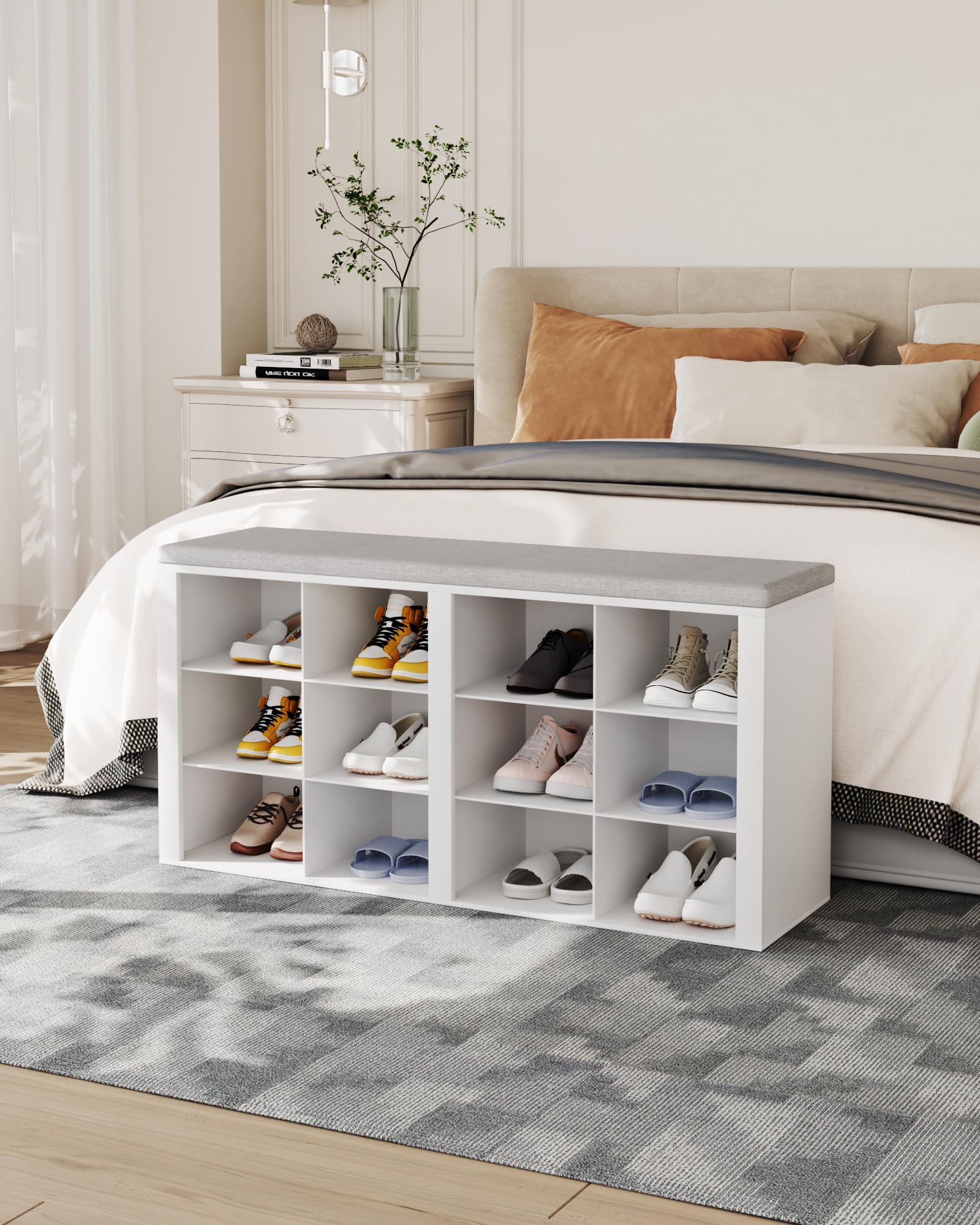 Shoe Bench with Cushion, Entryway Storage Bench