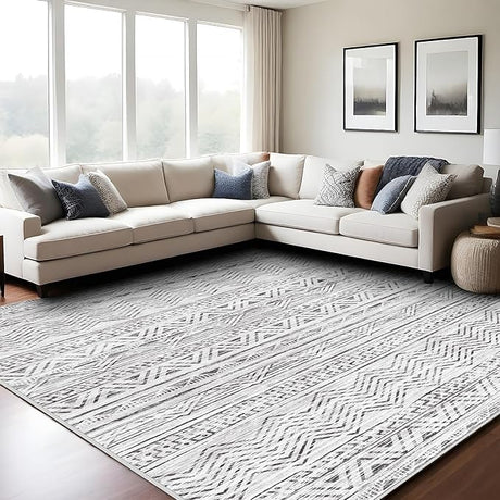 Abstract 8x10 Area Rug: Retro Soft Washable Non-Slip Neutral Area Rugs for Living Room