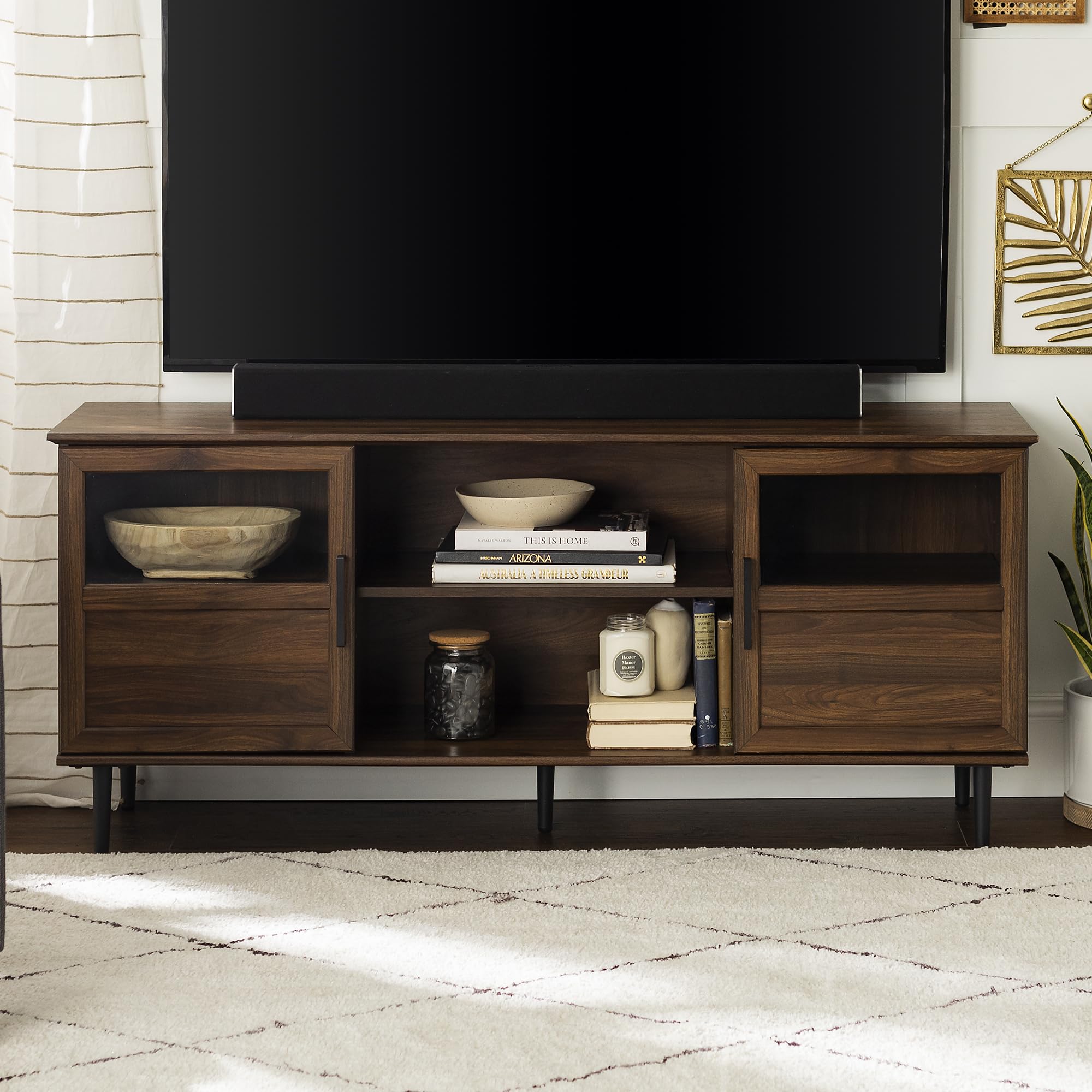 Modern Farmhouse Wood and Glass TV Stand with 2 Cabinet Doors for TV