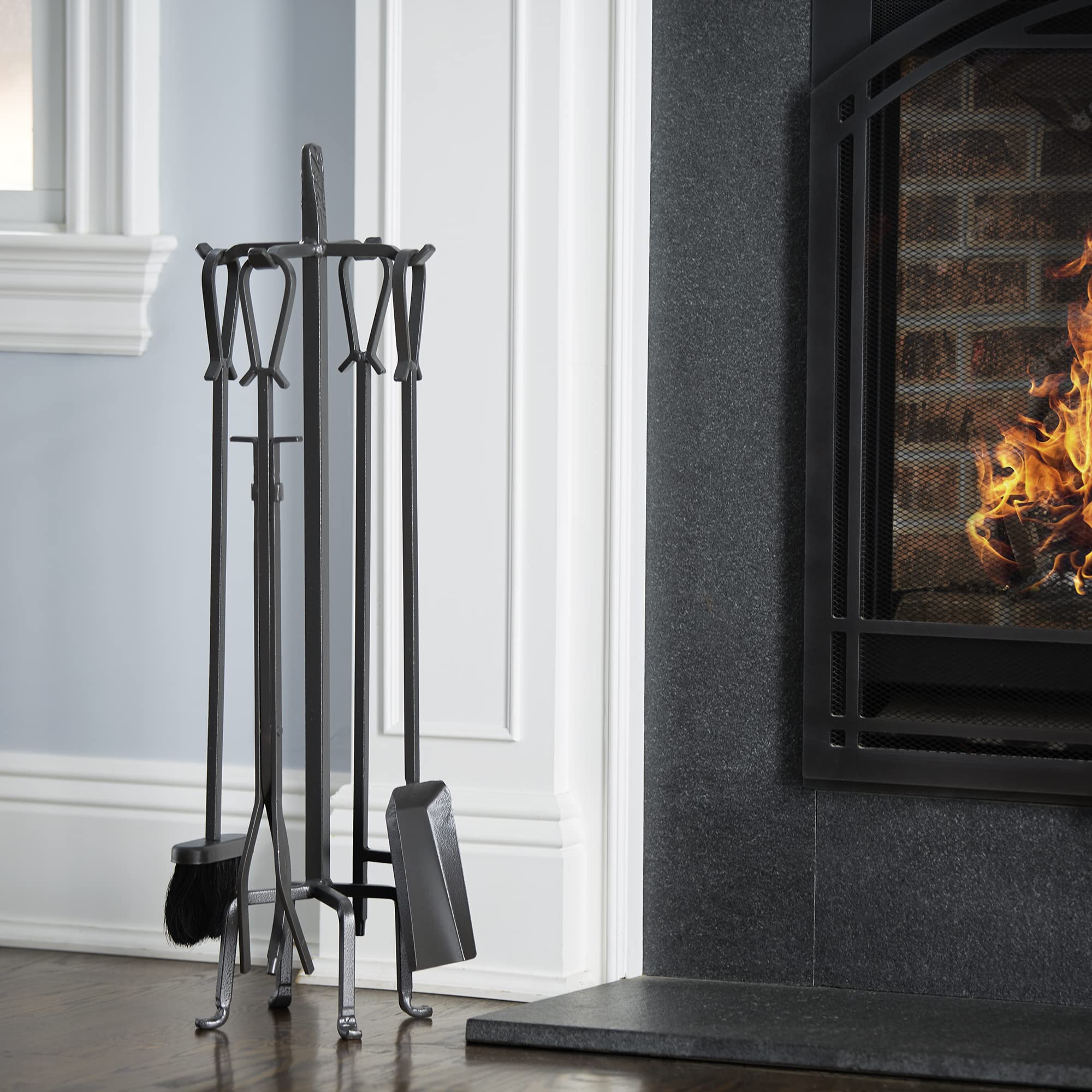 F-1183, 5-Piece Olde World Iron Finish Fireplace Tools Set with Loop Handles