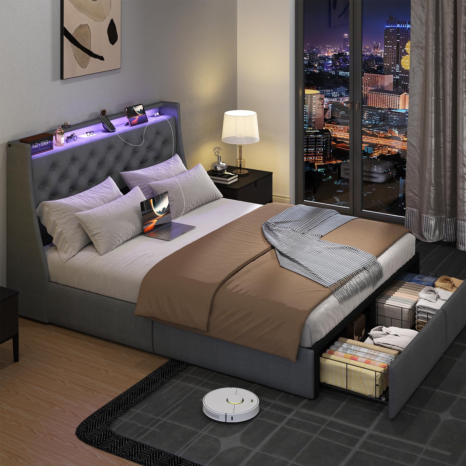 SADENICEL Full Size Bed Frame with Storage Headboard and 2 Drawer, Metal Full Bed Frame Platform with LED Light, Charging Station, No Box Spring Needed, Noise Free, Easy Assembly, Grey