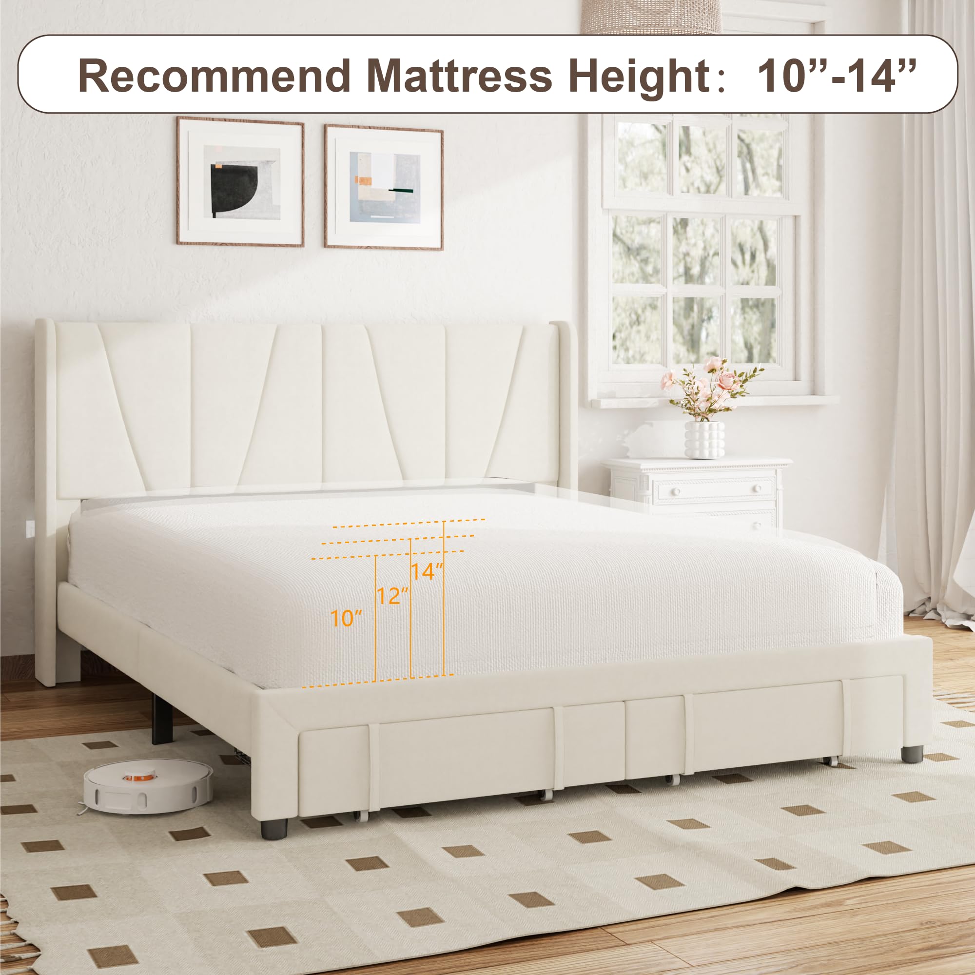 SwnftWinnt Full Bed Frame with Storage Drawers, Upholstered Platform Bed with Wingback Headboard, Solid Wooden Slats Support, Easy Assembly, No Box Spring Needed, Beige