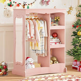 Kids Dress Up Storage with Flower Mirror, Open Hanging Closet Wardrobe for Children