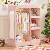 Kids Dress Up Storage with Flower Mirror, Open Hanging Closet Wardrobe for Children