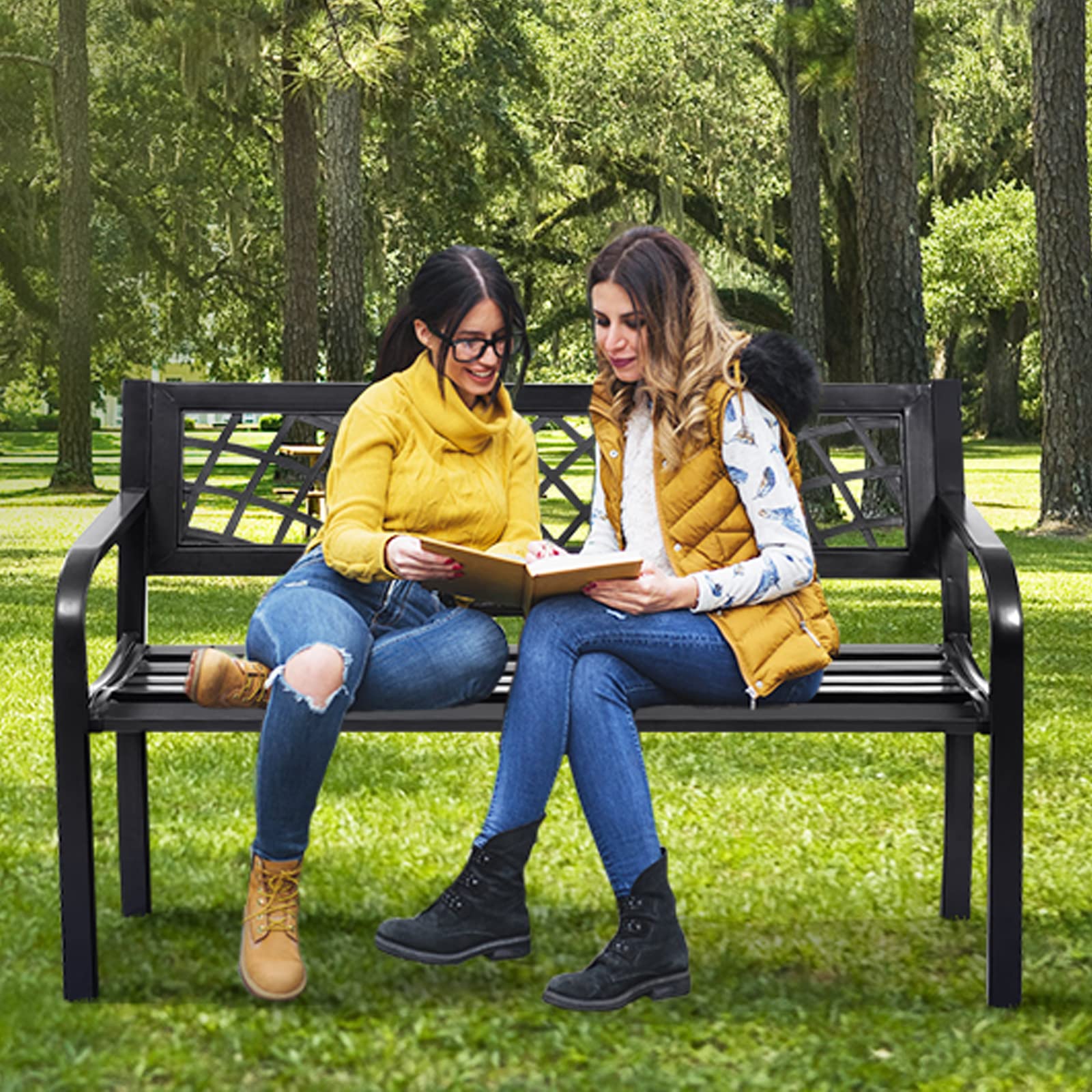 Outdoor Garden Bench Park Bench with Steel Frame & PVC Backrest