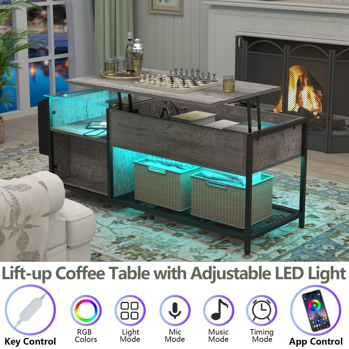 Top Coffee Table with LED Light & Power Outlet, Retro Coffee Tables