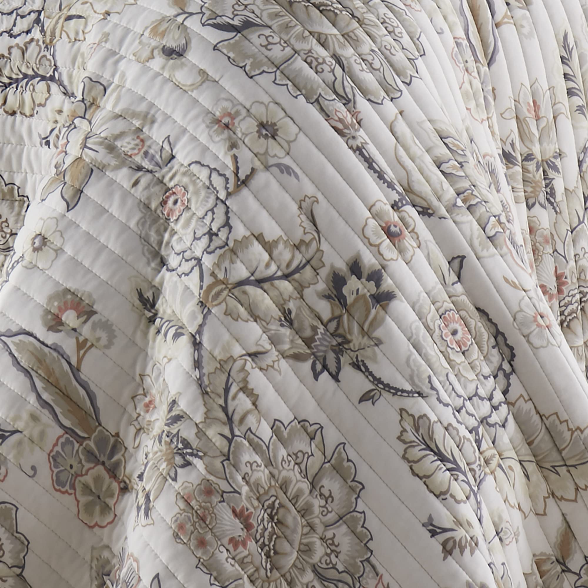 Ophelia Quilt Set - Full/Queen Quilt and Two Standard Shams - Floral - Taupe Grey Cream Blush